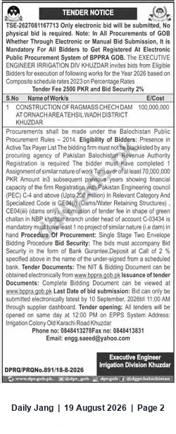 Newspaper clipping: Tender: Construction of Check Dam (Wadh, Khuzdar) — Executive Engineer Irrigation Division Khuzdar, Jang, 19 Aug 2026