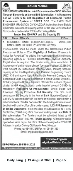 Newspaper clipping: Tender: Construction of Flood Protection (Bandh Khali Jhur) Khuzdar — PKR 29,900,000, Jang, 19 Aug 2026