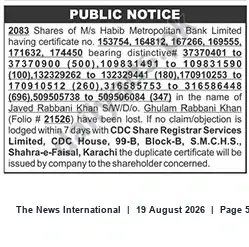 Newspaper clipping: Public Notice: 2,083 Lost Shares of Habib Metropolitan Bank Ltd. (Folio #21526), The News International, 19 Aug 2026