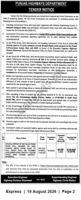 Newspaper clipping: Punjab Highways Dept Tender: Special Repair of Metalled Road, Khanewal (Est. Rs. 64.159M) – Bids Due 2026-09-07, Express, 19 Aug 2026