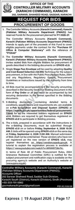 Newspaper clipping: PMAD Karachi Command Invites Bids for Purchase of Office & Computer Stationery via EPADS v2.0, Express, 19 Aug 2026