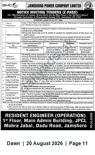 Newspaper clipping: Tender: Maintenance of Lawns & Green Belts by Un-skilled Labour — JPCL (TC-316), Dawn, 20 Aug 2026