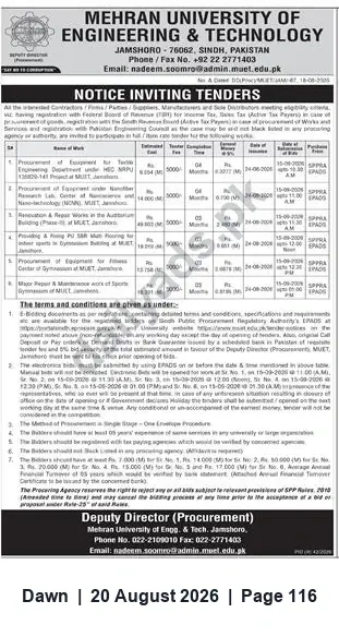 Newspaper clipping: MUET Jamshoro Invitation to Tender for Multiple Works & Supplies (Auditorium, Electrical & Equipment), Dawn, 20 Aug 2026