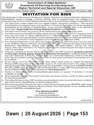 Newspaper clipping: Tender: Supply & Installation of Computer Equipment and Smart Interactive Whiteboards for 26 Public Colleges in Gilgit-Baltistan, Dawn, 20 Aug 2026