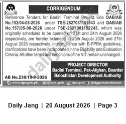 Newspaper clipping: Corrigendum: Tender Opening Dates Extended for Badini Terminal Project, Jang, 20 Aug 2026