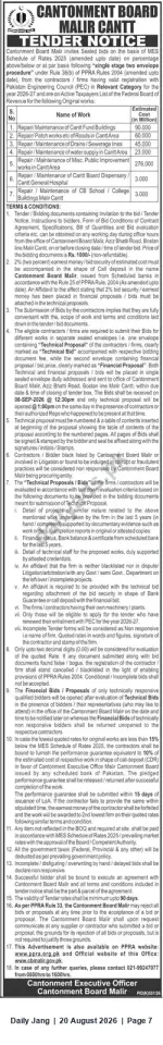 Newspaper clipping: Cantonment Board Malir Cantt Tender Notice – Repair & Maintenance Works (Bids due 2026-09-08), Jang, 20 Aug 2026