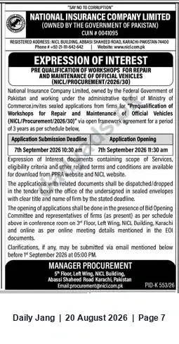 Newspaper clipping: EOI: Prequalification of Workshops for Repair & Maintenance of Official Vehicles (NICL/PROCUREMENT/2026/30), Jang, 20 Aug 2026
