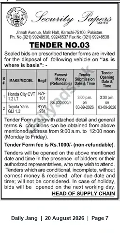 Newspaper clipping: Tender No.03 — Disposal of Vehicles (Honda City & Toyota Yaris) | Security Papers, Karachi, Jang, 20 Aug 2026