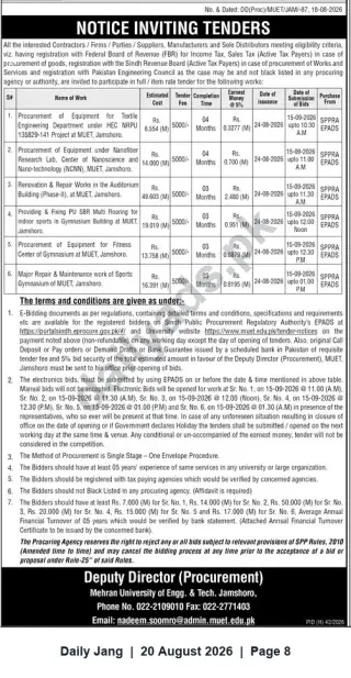 Newspaper clipping: MUET Jamshoro - Notice Inviting Tenders for Equipment, Renovation and Sports Works (Issue 24-08-2026, Closing 15-09-2026), Jang, 20 Aug 2026