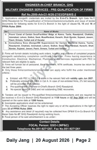 Newspaper clipping: Engineer-in-Chief Branch GHQ Rawalpindi — Pre-Qualification of Contractors/Consultants for Construction & Consultancy Works (Multiple Locations), Jang, 20 Aug 2026