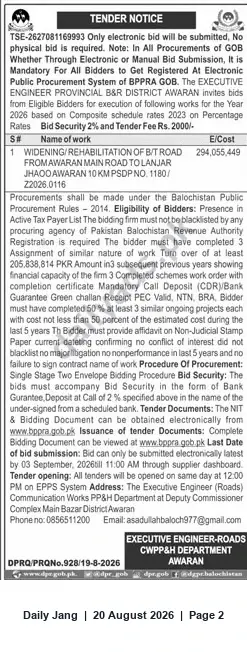 Newspaper clipping: Tender: Widening/Rehabilitation of BT Road from Awaran Main Road to Lanjar — Executive Engineer Provincial B&R District Awaran, Jang, 20 Aug 2026