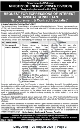 Newspaper clipping: Ministry of Energy (Power) — Procurement & Contract Specialist (Individual Consultant) — Expression of Interest, Jang, 20 Aug 2026