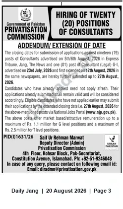 Newspaper clipping: Privatisation Commission: Application Deadline Extended for 20 Consultant Positions — Apply by 2026-08-27, Jang, 20 Aug 2026