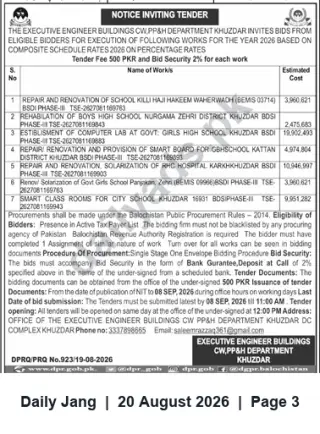 Newspaper clipping: Tender: Repair, Renovation and Solarization Works — Buildings CW, PP&H Dept Khuzdar (closing 2026-09-08), Jang, 20 Aug 2026