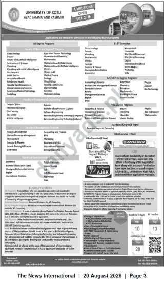 Newspaper clipping: University of Kotli (AJK) — Admissions Open Fall 2026 for BS, MS/MPhil, PhD, Associate & Executive Programs, The News International, 20 Aug 2026