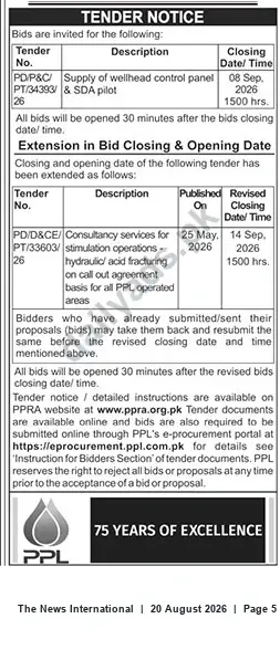 Newspaper clipping: PPL Tender Notice – Supply of Wellhead Control Panel & Consultancy for Stimulation Operations (Sep 2026), The News International, 20 Aug 2026