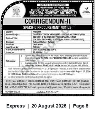 Newspaper clipping: Corrigendum II: Bid Deadline Extended — M-6 Hyderabad–Sukkur Motorway Section-3 (Nawabshah to Naushahro Feroze), Express, 20 Aug 2026