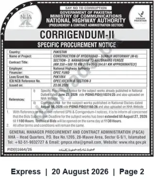 Newspaper clipping: Corrigendum II — Bid Deadline Extended for M-6 Section-3 (Nawabshah to Naushahro Feroze) Motorway, Express, 20 Aug 2026