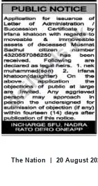 Newspaper clipping: Public Notice: Application for Letter of Administration / Succession Certificate — Irfane Khatoon, The Nation, 20 Aug 2026