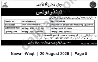 Newspaper clipping: Tender Notice – Procurement of Raw Material and Tools (Heavy Industries Taxila), Nawa-i-Waqt, 20 Aug 2026