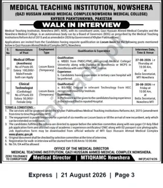 Newspaper clipping: Walk-in Interviews — Medical Officer (Anesthesia) & Clinical Technologist (MTI Qazi Hussain Ahmad Medical Complex, Nowshera), Express, 21 Aug 2026
