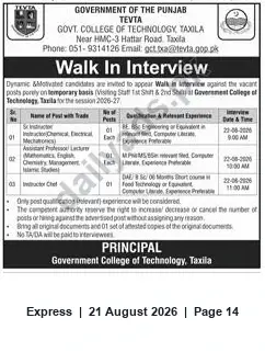 Newspaper clipping: Walk-in Interviews for Visiting Instructors (Technical Trades) — Government College of Technology, Taxila — Aug 2026, Express, 21 Aug 2026