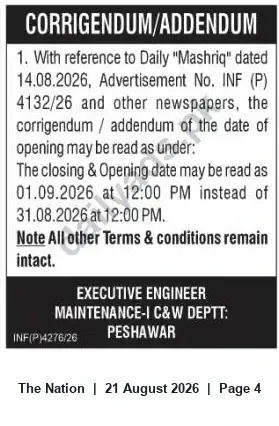 Newspaper clipping: Corrigendum: Tender Closing/Opening Date Changed to 01 Sep 2026 — Maintenance-I C&W Deptt, Peshawar, The Nation, 21 Aug 2026