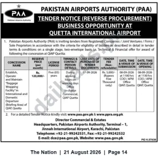 Newspaper clipping: Tender: Baggage-Wrapping Concession at Quetta International Airport (5-year), The Nation, 21 Aug 2026