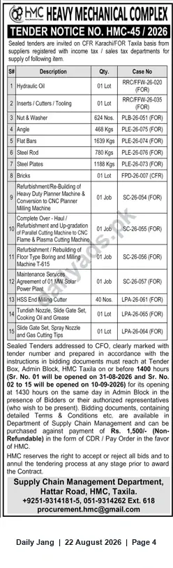 Newspaper clipping: HMC Tender Notice HMC-45/2026 – Supply, Refurbishment & Maintenance Services (Taxila/Karachi), Jang, 22 Aug 2026