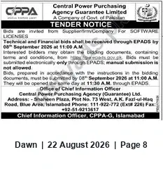 Newspaper clipping: CPPA-G Tender: Software Licenses — Bids via EPADS (Deadline 2026-09-08), Dawn, 22 Aug 2026