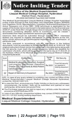 Newspaper clipping: Tender Notice — Supply & Repair of Medical, Laboratory and OT Equipment | Liaquat Medical College Hospital Hyderabad, Dawn, 22 Aug 2026
