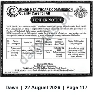 Newspaper clipping: Tender: Procurement of Stationery & Sealing Material — Sindh Healthcare Commission (e-PADS), Dawn, 22 Aug 2026