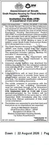 Newspaper clipping: SPHF Invitation for Bids — Procurement of IT Equipment (Deadline 2026-09-07), Dawn, 22 Aug 2026
