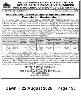 Newspaper clipping: GB PHE & Building Division Skardu Corrigendum: Invitation to Bid for Construction Work (2‑Year Completion), Dawn, 22 Aug 2026