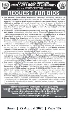 Newspaper clipping: FGEHA Tender: LED Street Lights Replacement & Installation at G-14/4 Islamabad (Ref: P88145), Dawn, 22 Aug 2026