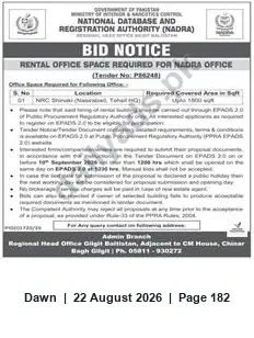 Newspaper clipping: NADRA Tender P84248: Rental Office Space Required in Gilgit, Dawn, 22 Aug 2026