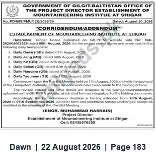 Newspaper clipping: Corrigendum: Tender for Establishment of Mountaineering Institute at Shigar — Bid Deadline Extended to 07 Sep 2026, Dawn, 22 Aug 2026