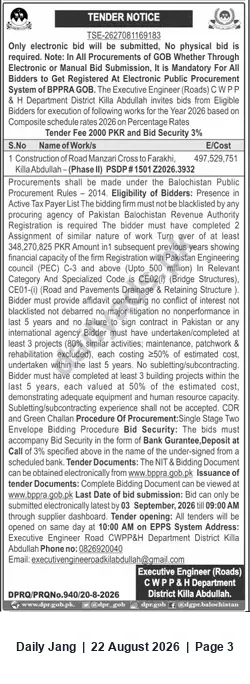 Newspaper clipping: Tender: Construction of Manzari Cross to Fanari Link Road (Phase-II) — District Killa Abdullah, Jang, 22 Aug 2026
