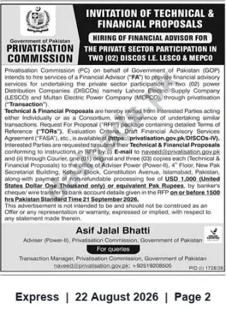 Newspaper clipping: Privatisation Commission Hiring Financial Advisor for Privatization of LESCO & MEPCO — Proposals Due 2026-09-21, Express, 22 Aug 2026