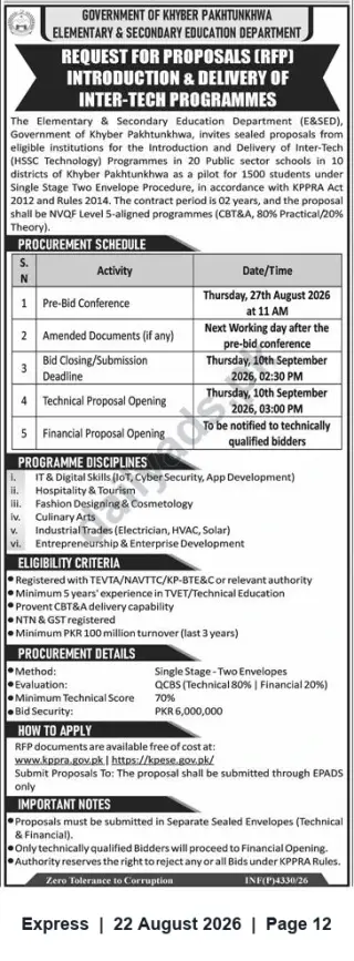 Newspaper clipping: Khyber Pakhtunkhwa E&SED RFP — Introduction & Delivery of Inter-Tech Programmes, Express, 22 Aug 2026