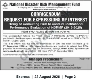 Newspaper clipping: NDRMF Corrigendum: EOIs for Institutional Performance Evaluation (2016–2025) — Deadline 2026-09-07, Express, 22 Aug 2026