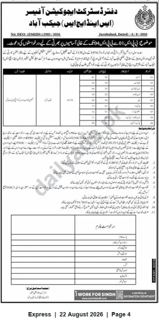 Newspaper clipping: District Education Office Jacobabad – Vacancies for Support Staff (BPS-01 to BPS-04), Express, 22 Aug 2026
