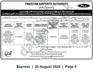 Newspaper clipping: PAA Tender: Concession to Operate Baggage Wrapping & Packing Counter at JIAP Karachi, Express, 22 Aug 2026
