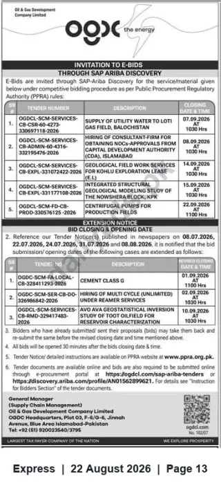Newspaper clipping: OGDCL Invitation to E-Bids via SAP-Ariba Discovery – Multiple Tender Notices, Express, 22 Aug 2026