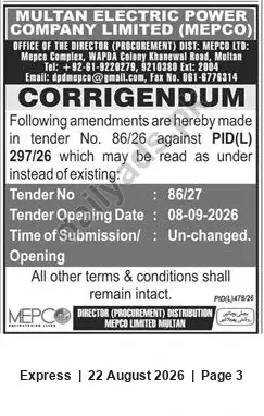 Newspaper clipping: MEPCO Corrigendum: Tender No. 86/27 — Opening Date 2026-09-08, Express, 22 Aug 2026