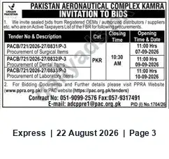 Newspaper clipping: PAC Kamra Invitation to Bid: Surgical, Dental & Laboratory Items (Tender Nos. PACB/721/2026-27/0831–0833), Express, 22 Aug 2026
