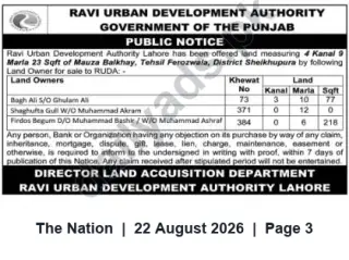 Newspaper clipping: RUDA Public Notice: Land Offered in Mauza Balkhary, Tehsil Ferozewala (Sheikhupura), The Nation, 22 Aug 2026