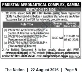 Newspaper clipping: Pakistan Aeronautical Complex (PAC), Kamra — Invitation to Bids for Antenna Pedestal Repair and Spares (Closing 2026-09-08), The Nation, 22 Aug 2026