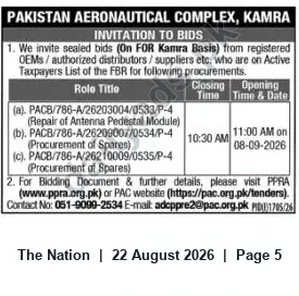 Newspaper clipping: PAC Kamra Invitation to Bids for Antenna Pedestal Repair and Spares — Closing 2026-09-08, The Nation, 22 Aug 2026