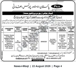 Newspaper clipping: PAA Tender: Concession to Operate Baggage Wrapping Facility at Jinnah International Airport, Karachi, Nawa-i-Waqt, 22 Aug 2026